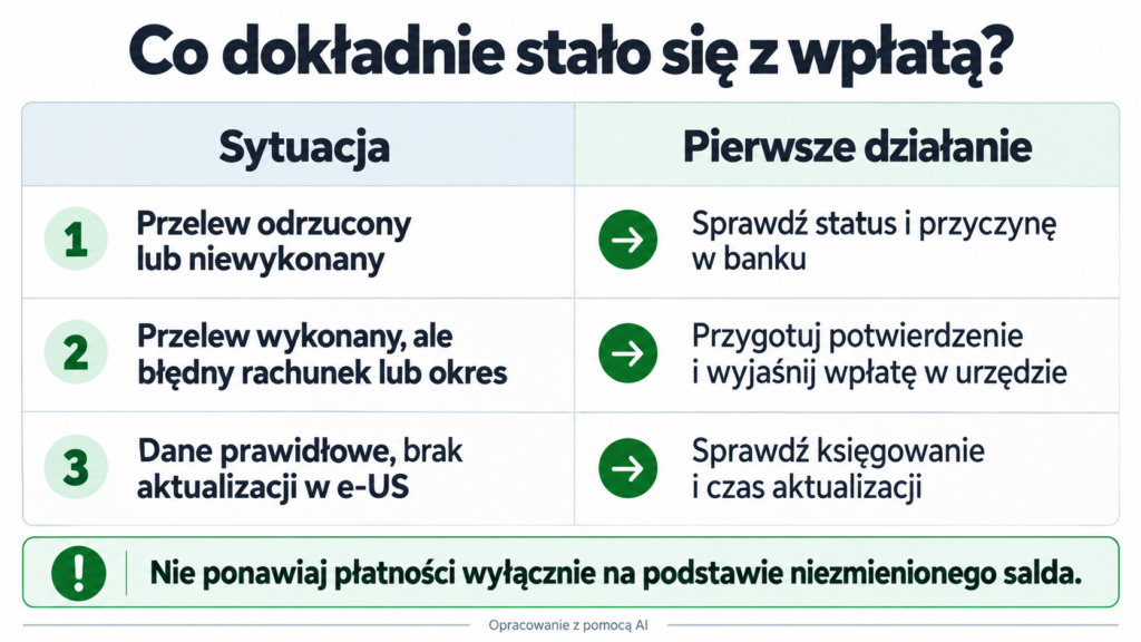 Trzy sytuacje: niewykonany przelew, błędne dane wpłaty i brak aktualizacji rozliczenia w e-US.
