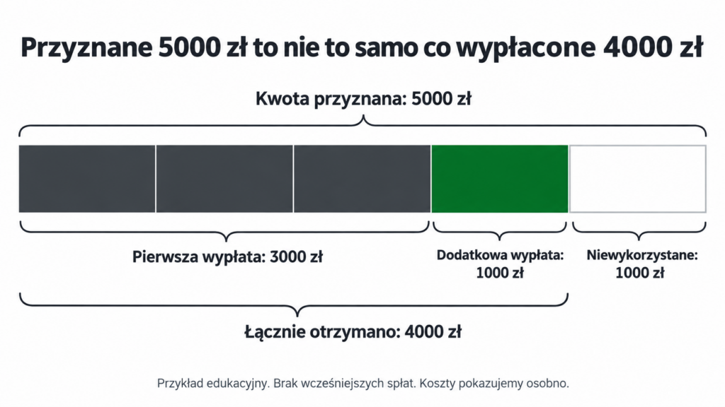 Podział przyznanych 5000 zł na pierwszą wypłatę 3000 zł, dodatkowe 1000 zł i niewykorzystane 1000 zł.