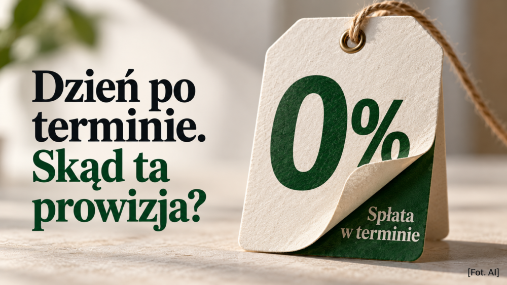 Papierowa metka z napisem 0% odsłania warunek spłaty w terminie.