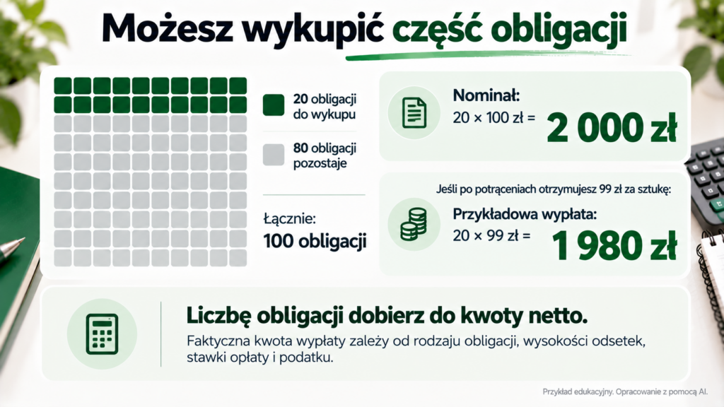 Siatka 100 obligacji z 20 sztukami wybranymi do wykupu i 80 pozostawionymi w inwestycji.