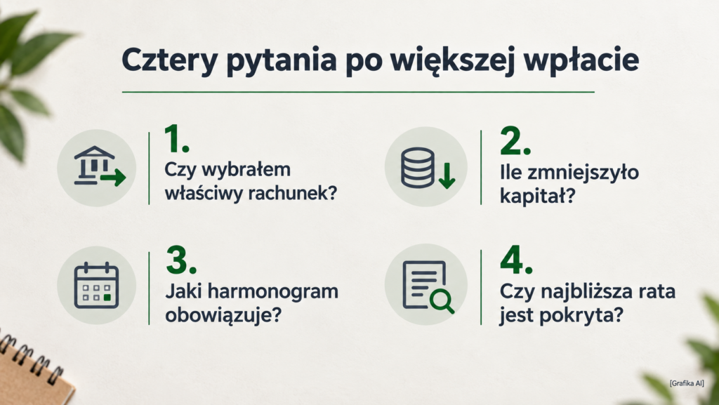 Cztery pytania kontrolne o rachunek, spłatę kapitału, harmonogram i pokrycie najbliższej raty.