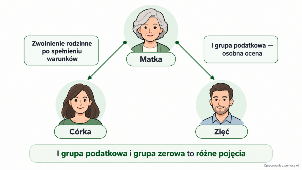 hemat relacji matka–córka i teściowa–zięć z rozróżnieniem zwolnienia rodzinnego.
