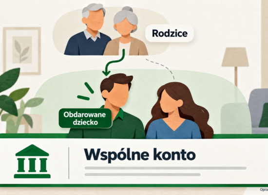 Ilustracja wspólnego rachunku małżonków z darowizną skierowaną do jednego z nich.