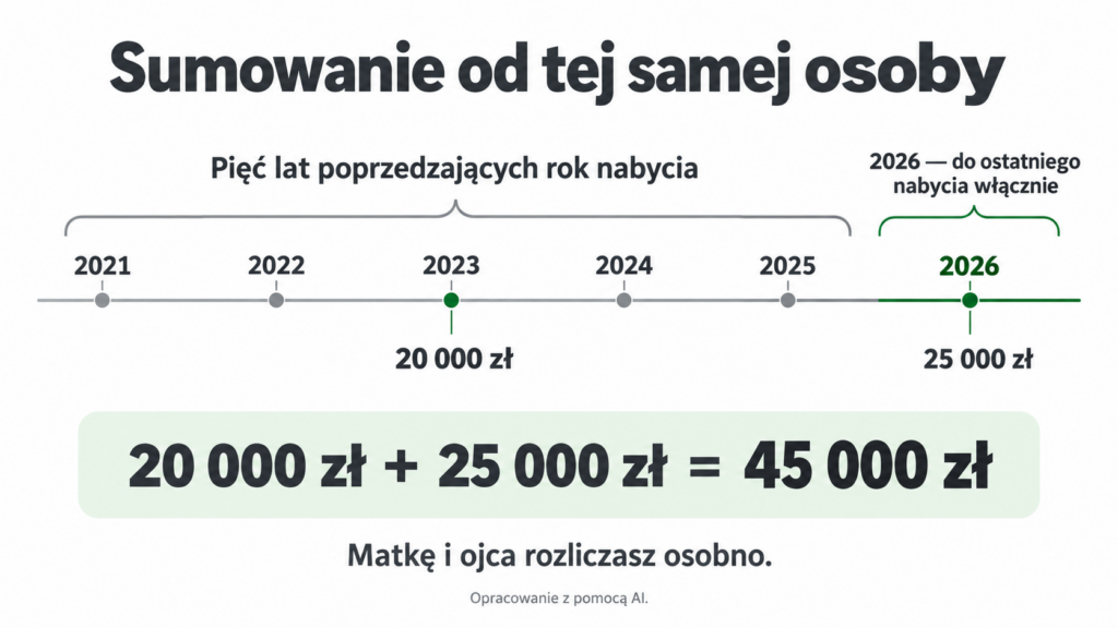 Oś czasu obejmująca lata 2021–2025 i nabycia w 2026 roku do dnia ostatniej darowizny.