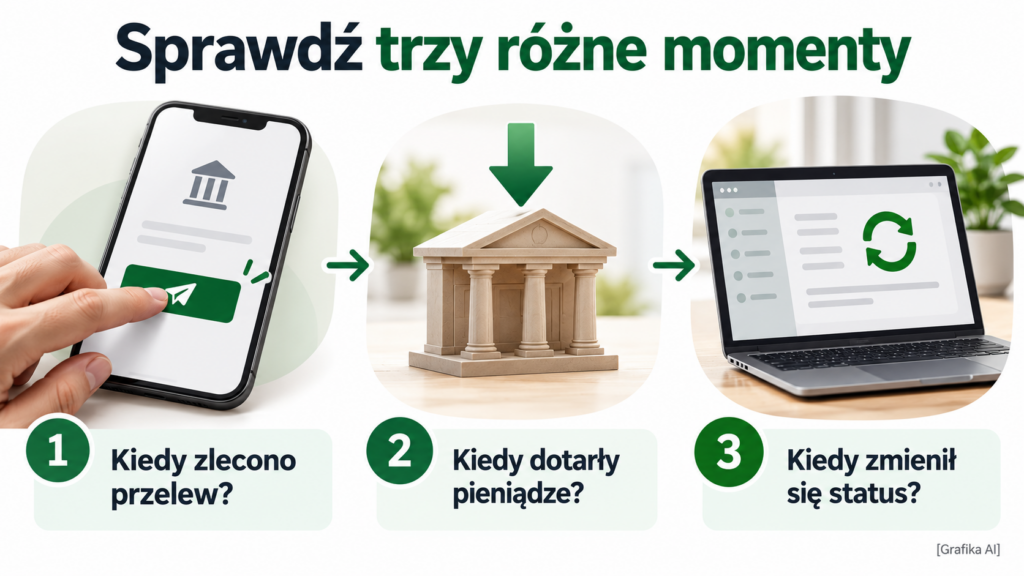 Ilustracja z pytaniami o zlecenie przelewu, wpływ pieniędzy i aktualizację panelu.