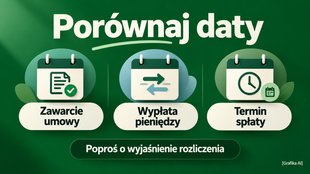 Trzy oznaczenia dat: zawarcie umowy, wypłata pieniędzy i termin spłaty.