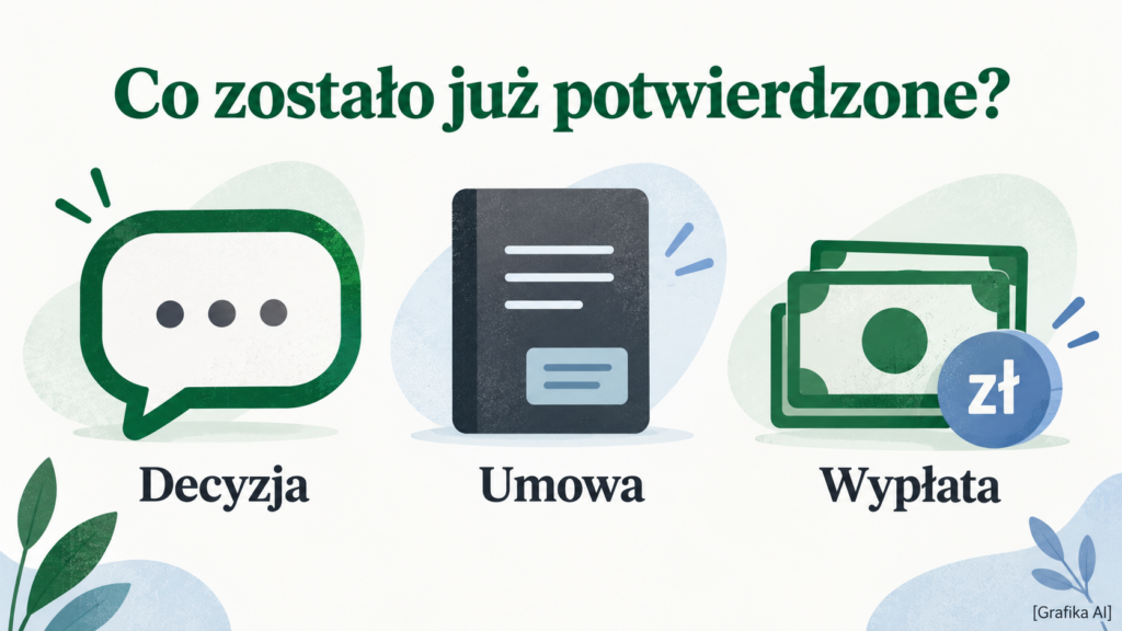 Trzy oddzielne symbole opisane jako decyzja, umowa i wypłata.