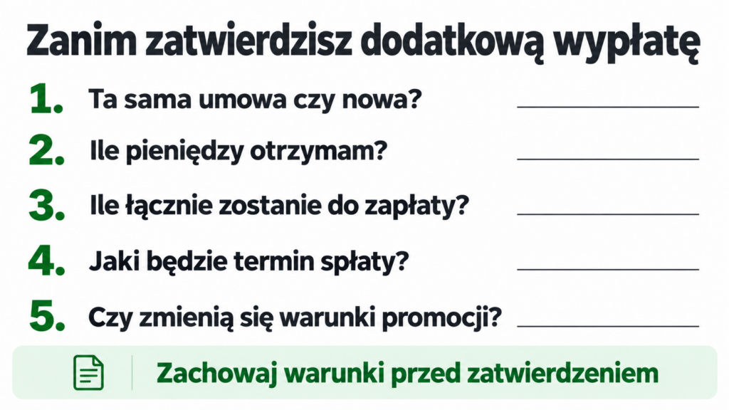 Lista pytań o rodzaj umowy, wypłatę, pełną spłatę, termin i promocję przed dobraniem chwilówki.