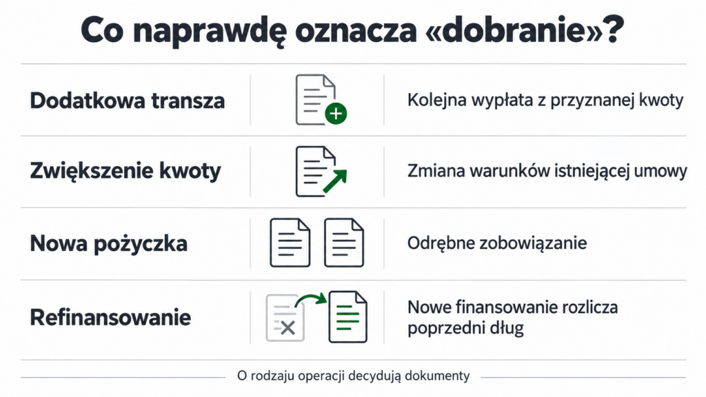 Porównanie czterech operacji: dodatkowej transzy, zwiększenia kwoty, nowej pożyczki i refinansowania.