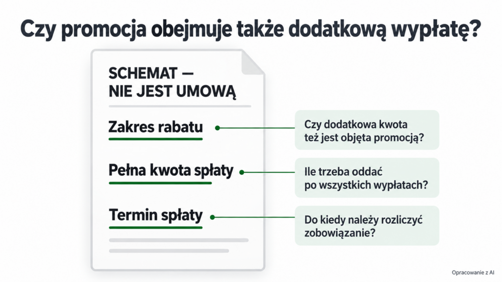 Trzy elementy promocji do sprawdzenia: zakres rabatu, pełna kwota spłaty i obowiązujący termin.