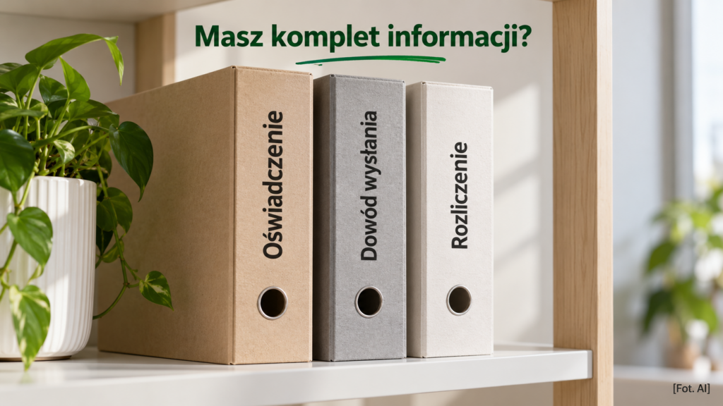 Trzy teczki opisane jako oświadczenie, dowód wysłania i rozliczenie