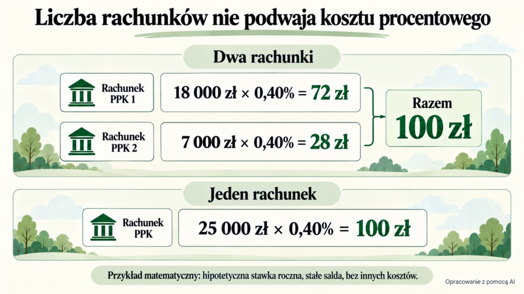 Koszt 0,40% od 18 000 zł i 7 000 zł daje łącznie 100 zł, tak jak od 25 000 zł