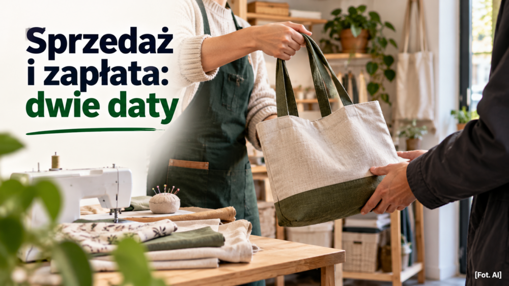Przekazanie ręcznie uszytej torby klientowi w niewielkiej pracowni, obok napis o dwóch datach rozliczenia.