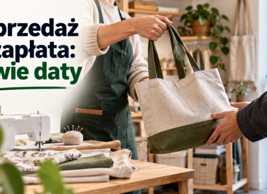 Przekazanie ręcznie uszytej torby klientowi w niewielkiej pracowni, obok napis o dwóch datach rozliczenia.