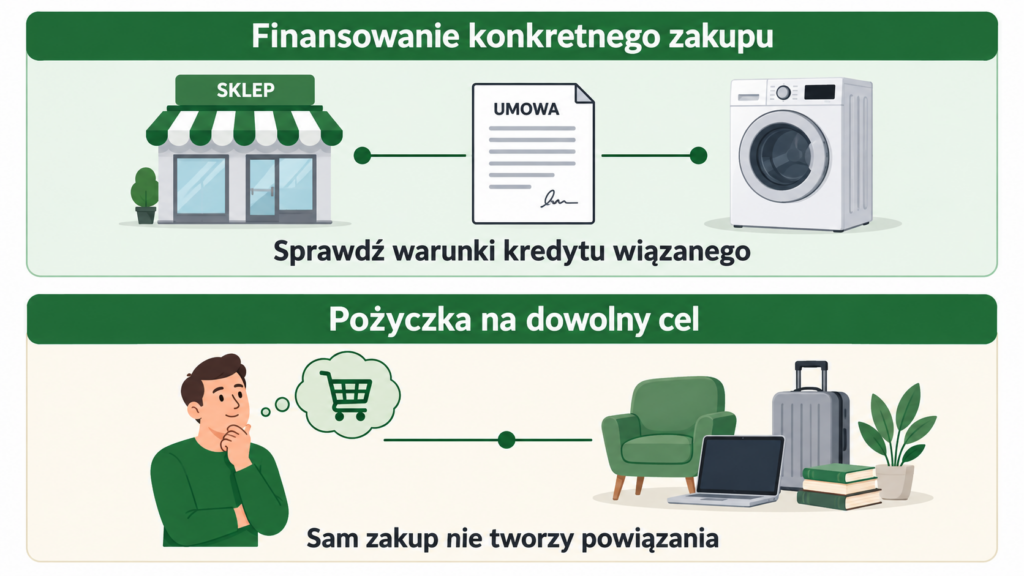 Porównanie kredytu na konkretny zakup i pożyczki na dowolny cel wykorzystanej samodzielnie w sklepie.