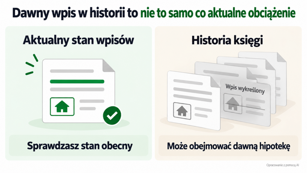 Dwa widoki: aktualny stan wpisów i historia obejmująca także wykreśloną hipotekę