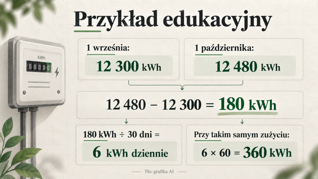 Przykład: wzrost wskazania z 12 300 do 12 480 kWh oznacza zużycie 180 kWh przez 30 dni.