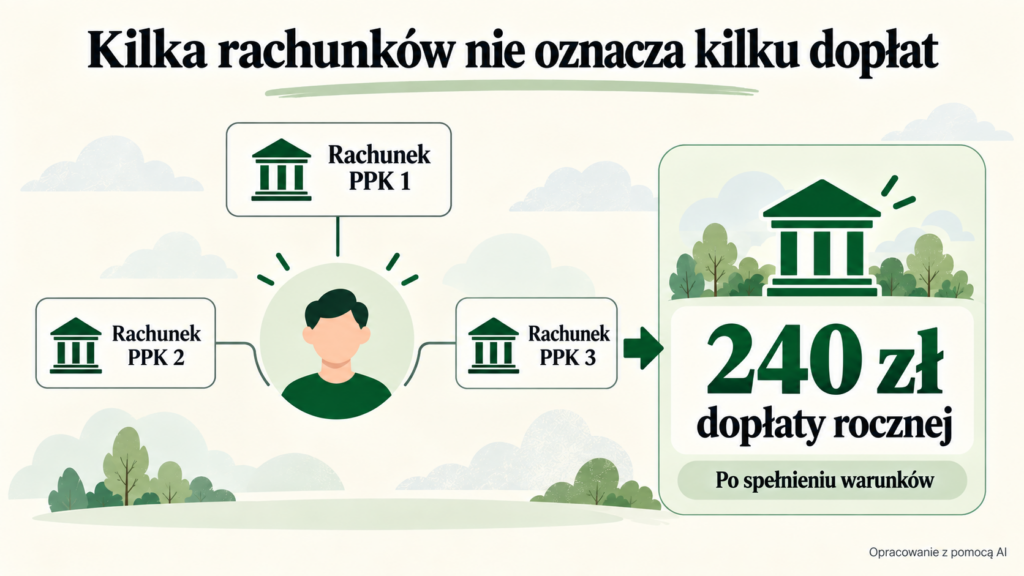 Jedna osoba z trzema rachunkami PPK i jedną dopłatą roczną 240 zł po spełnieniu warunków