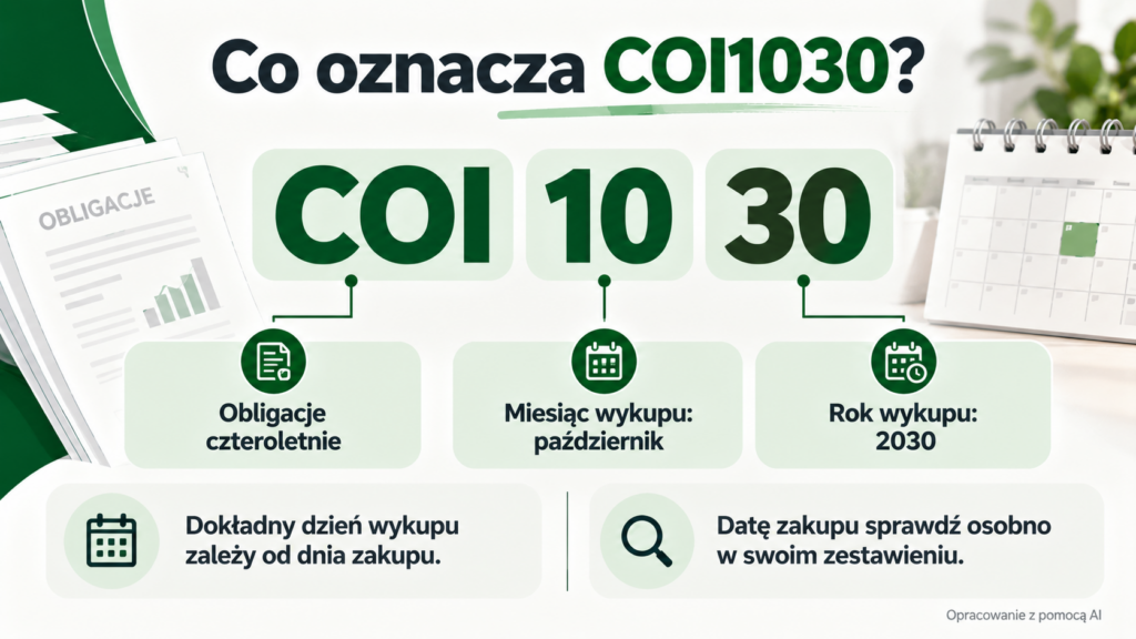 Oznaczenie COI1030 rozdzielone na rodzaj obligacji oraz miesiąc i rok ich wykupu.
