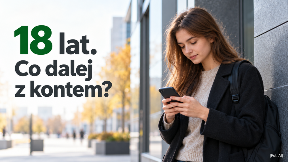 Młoda dorosła osoba ze smartfonem na tle miasta i napis o koncie po osiemnastce