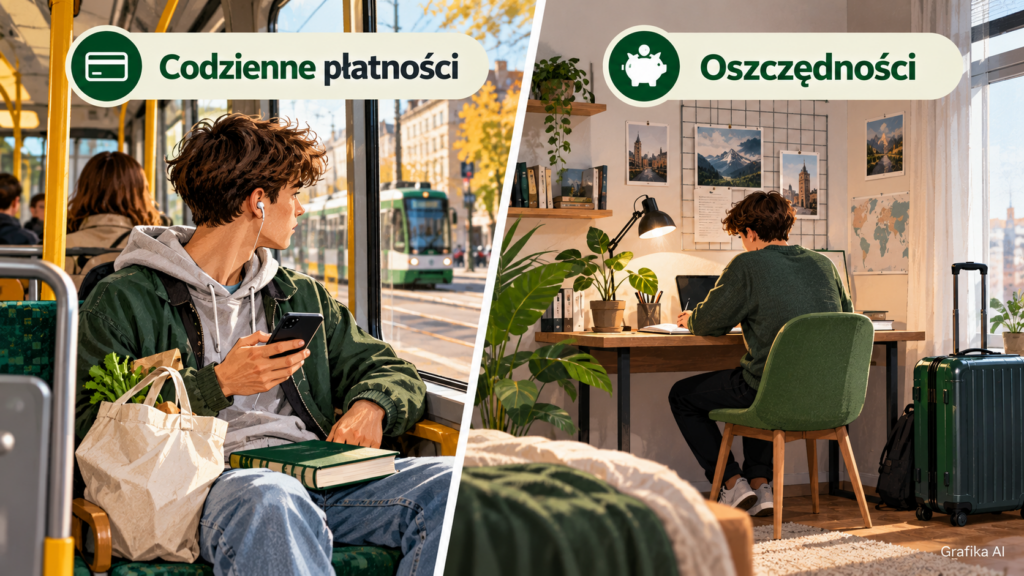 Dwie części ilustracji przedstawiające codzienne wydatki i oszczędności na przyszłość