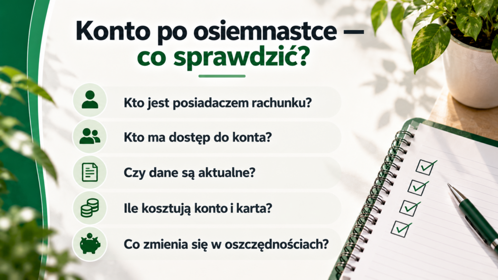 Lista pięciu spraw do sprawdzenia: posiadacz, dostęp, dane, opłaty i oszczędności