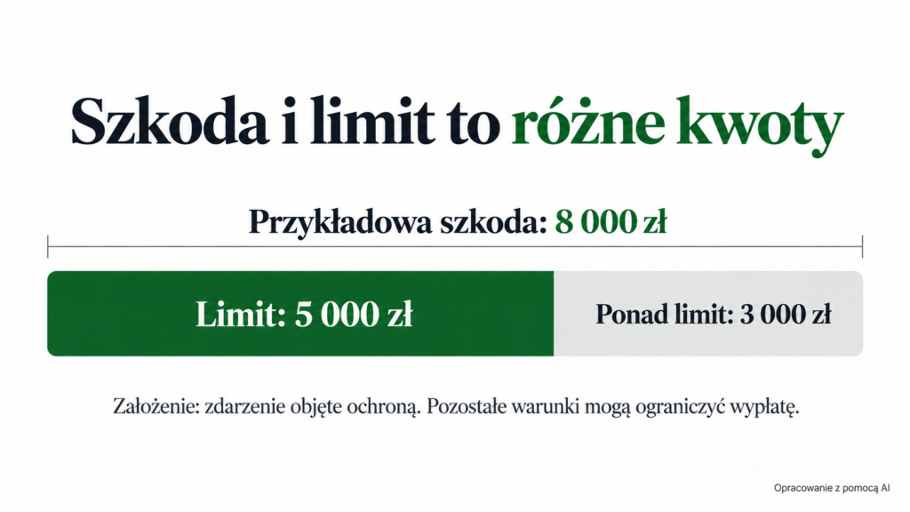 Szkoda 8000 zł podzielona na limit 5000 zł i 3000 zł ponad limit.