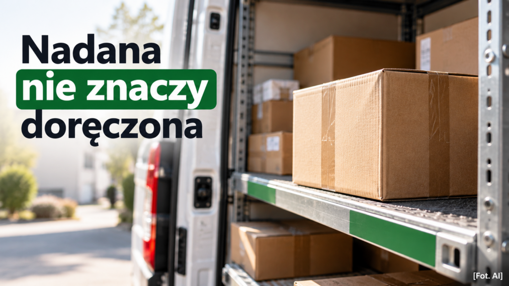 Zamknięta paczka na półce samochodu dostawczego i napis „Nadana nie znaczy doręczona”.