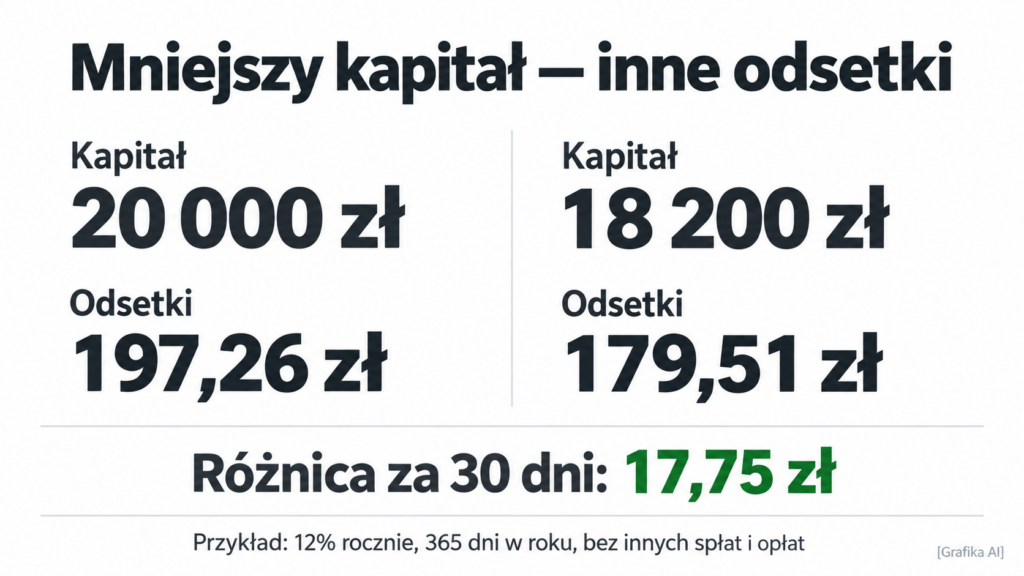 Porównanie odsetek 197,26 zł i 179,51 zł przy zmniejszeniu kapitału z 20 000 zł do 18 200 zł.
