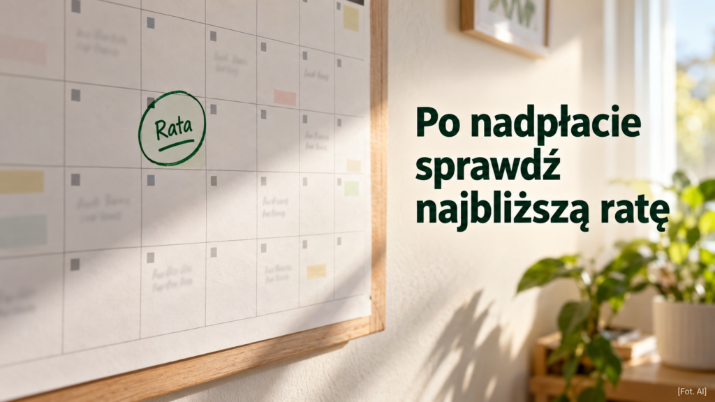 Domowy planer z zaznaczonym terminem raty i przypomnieniem o sprawdzeniu płatności po nadpłacie.