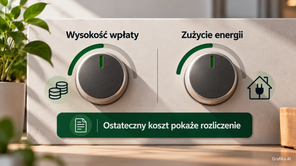 Ilustracja przedstawiająca wpłaty w trakcie okresu i późniejsze ustalenie kosztu energii.