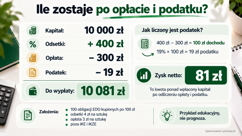 Rozliczenie 100 obligacji EDO: 10 000 zł kapitału, 400 zł odsetek, 300 zł opłaty i 19 zł podatku.