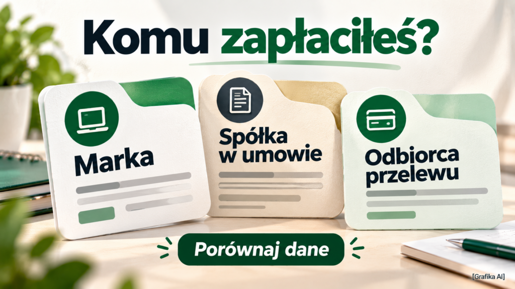 Zestawienie nazw do porównania: marka serwisu, spółka w umowie i odbiorca przelewu
