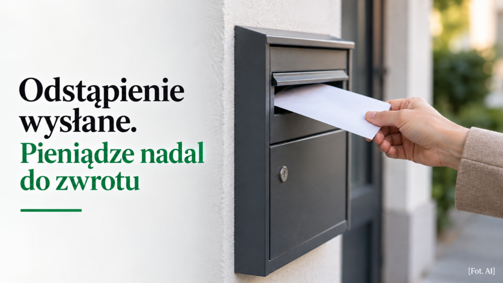 Dłoń wsuwająca neutralną kopertę do skrzynki i komunikat o obowiązku zwrotu pieniędzy