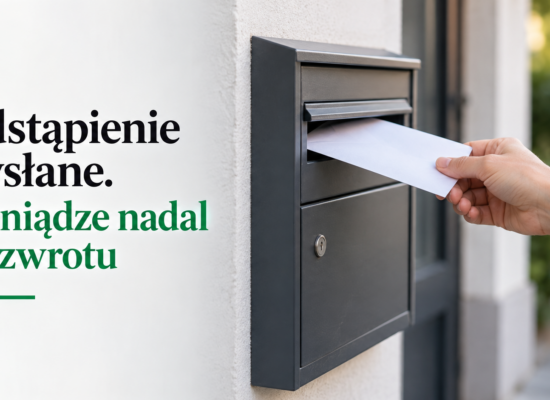 Dłoń wsuwająca neutralną kopertę do skrzynki i komunikat o obowiązku zwrotu pieniędzy