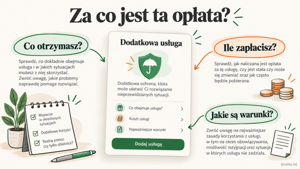 Ilustracja oferty dodatkowej usługi z wyróżnionymi słowami usługa, cena i warunki