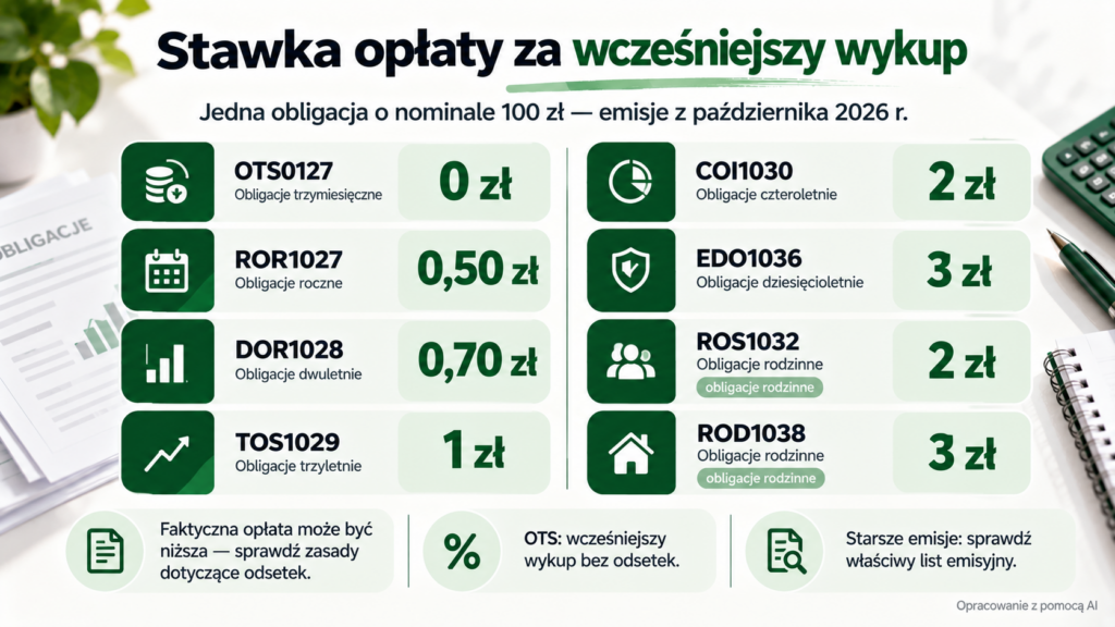 Stawki opłat za wykup jednej obligacji OTS, ROR, DOR, TOS, COI, EDO, ROS i ROD.