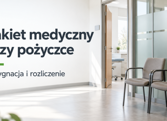 Poczekalnia placówki medycznej z tytułem poradnika o rezygnacji z pakietu przy pożyczce.