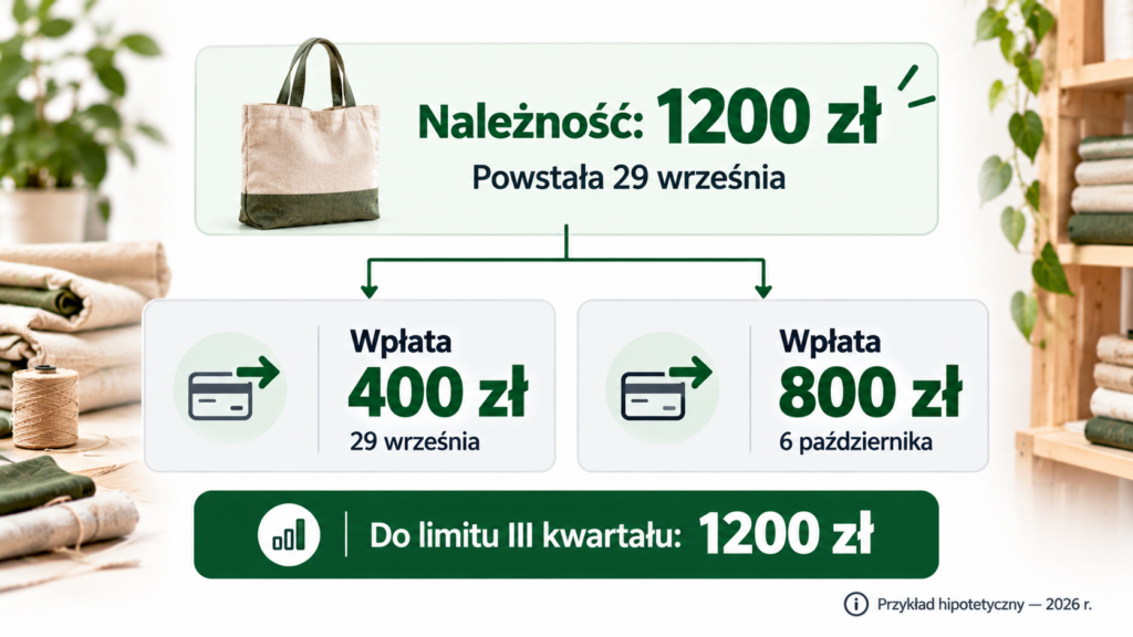 Schemat jednej należności 1200 zł rozliczanej wpłatami 400 zł we wrześniu i 800 zł w październiku.