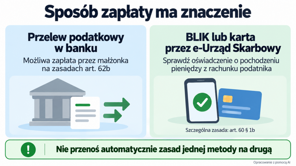 Porównanie przelewu podatkowego z banku i płatności BLIK lub kartą przez e-Urząd Skarbowy.