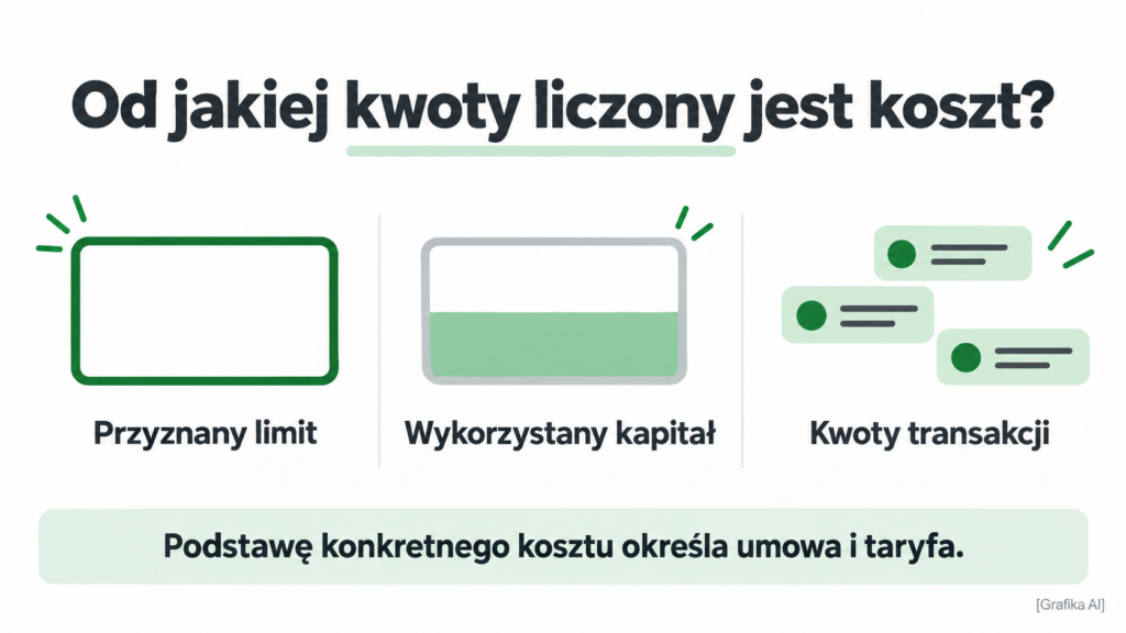 Trzy możliwe podstawy naliczania kosztów: przyznany limit, wykorzystany kapitał i kwoty transakcji.