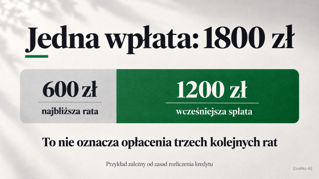 Wpłata 1800 zł podzielona na 600 zł na najbliższą ratę i 1200 zł na wcześniejszą spłatę.