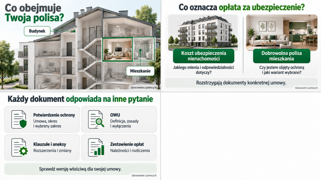 Cztery pola opisujące funkcje potwierdzenia ochrony, OWU, aneksów i zestawienia opłat.