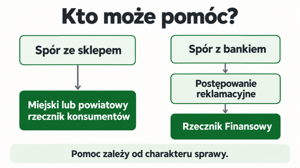 Dwie ścieżki pomocy: rzecznik konsumentów w sporze ze sklepem i Rzecznik Finansowy po reklamacji do banku.