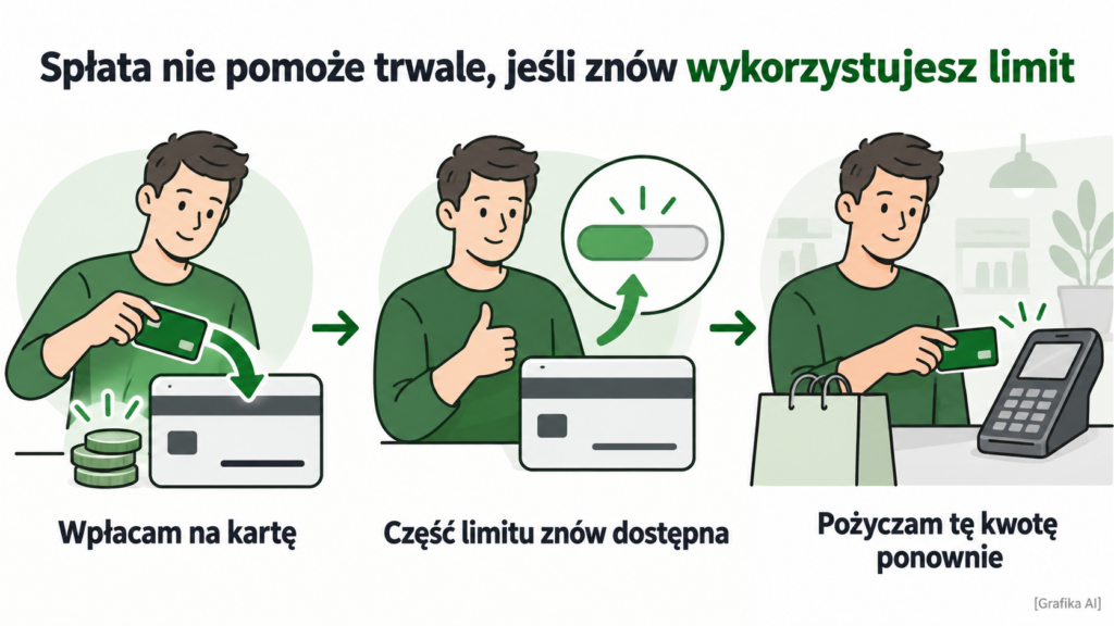 Trzy etapy: wpłata na kartę, odnowienie części limitu i ponowne wykorzystanie środków.