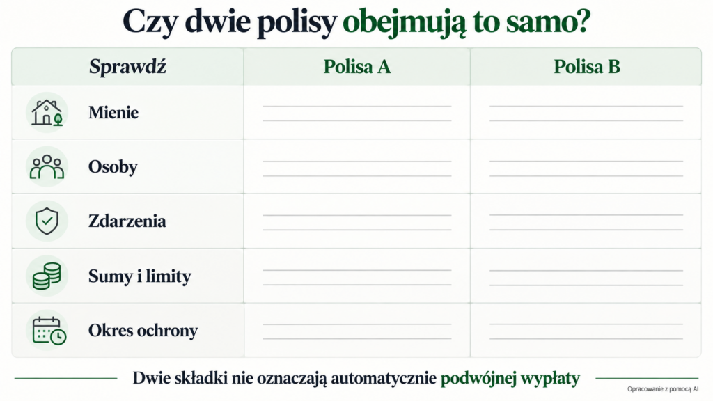 Karta porównania dwóch polis według mienia, osób, zdarzeń, limitów i okresu ochrony.