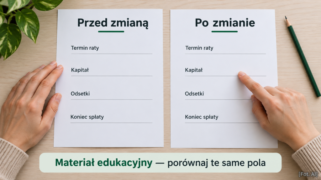 Dwa przykładowe arkusze z zaznaczonymi polami: termin raty, kapitał, odsetki i koniec spłaty.
