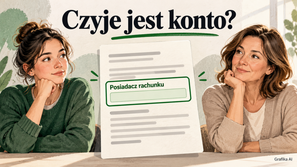 Ilustracja młodej osoby i rodzica z pytaniem o posiadacza rachunku