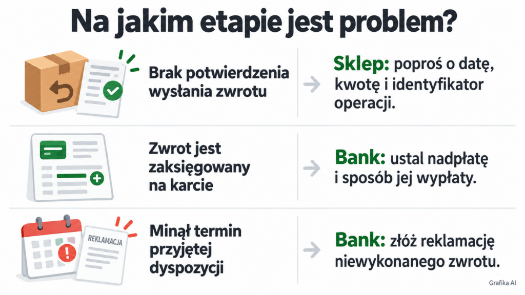 Trzy sytuacje: brak potwierdzenia zwrotu, zwrot zaksięgowany na karcie i niewykonana dyspozycja wypłaty.