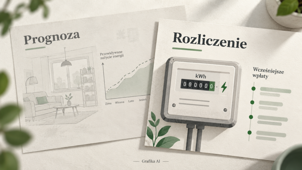 Ilustracja odróżniająca przewidywane zużycie energii od późniejszego rozliczenia.
